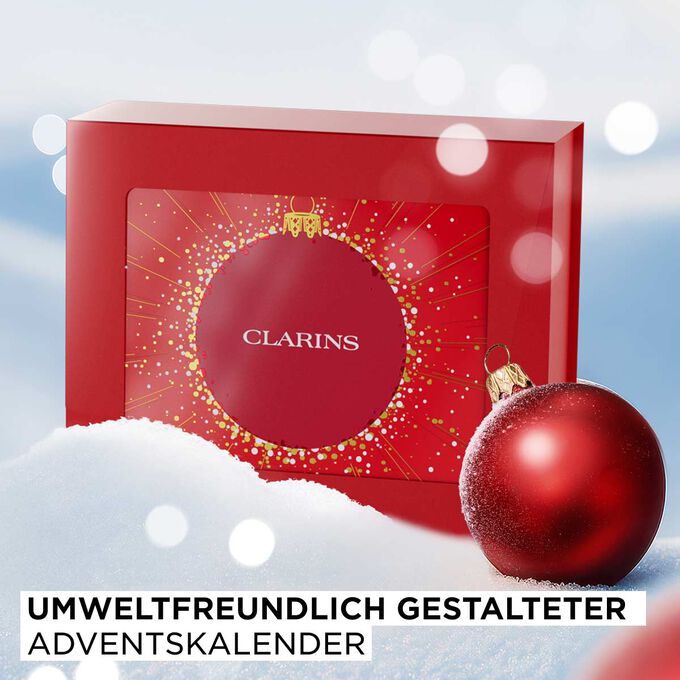 Clarins 12-Tage-Adventskalender mit umweltfreundlicher Verpackung, die auch nach den Feiertagen wiederverwendet werden kann.