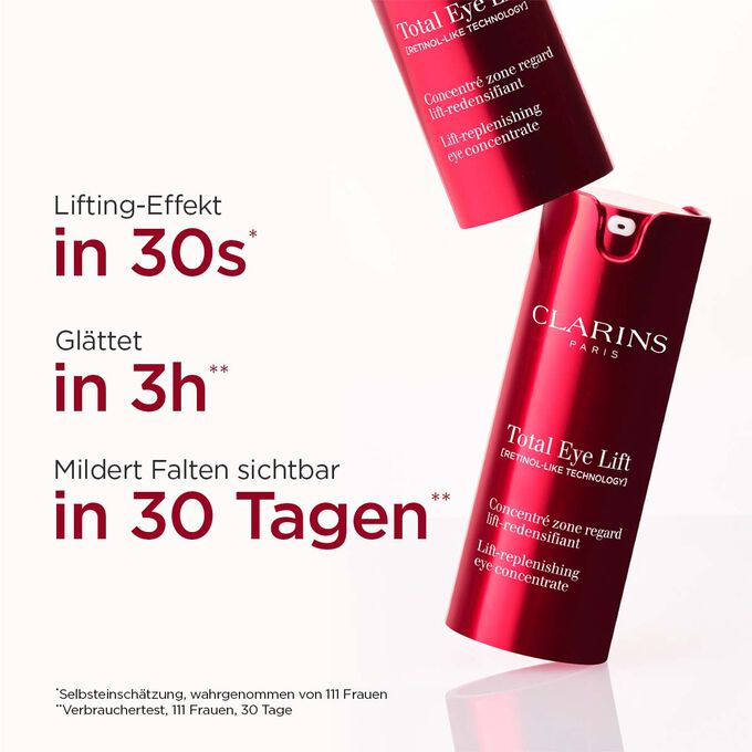 Clarins Total Eye Lift mit Textinfo über Lifting-Efffekt in 30 Sek., Glättung in 3 Stunden und gemilderte Falten in 30 Tagen