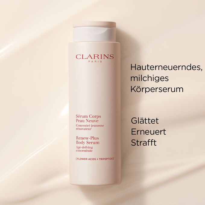 Clarins Körperserum auf einem strukturierten, cremigen Untergrund mit Textinfo zur glättenden und straffenden Wirkung