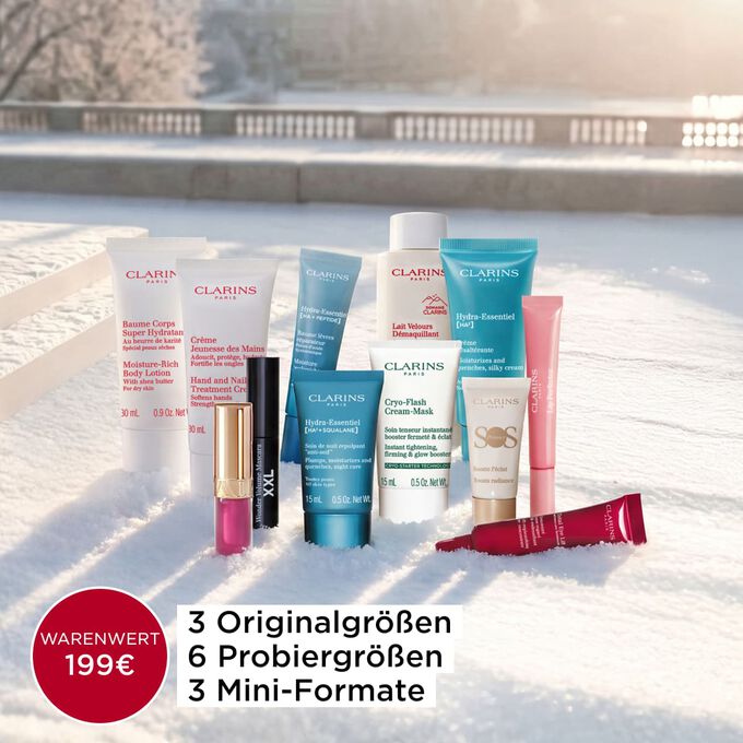 Clarins 12-Tage-Beauty-Adventskalender, gef&uuml;llt mit Haut- und K&ouml;rperpflege- sowie Makeup-Produkten in Originalgr&ouml;&szlig;e und Reisegr&ouml;&szlig;en in einer roten Box.