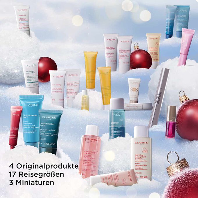Adventskalender für 24 Tage mit 4 Produkten in Originalgröße, 17 Reisegrößen und 3 Minis der beliebtesten Clarins Produkte