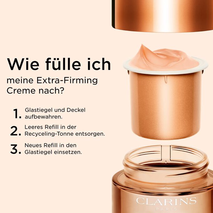 Illustration zeigt in drei Schritten, wie die Extra-Firming Creme nachgef&uuml;llt und recycelt wird.