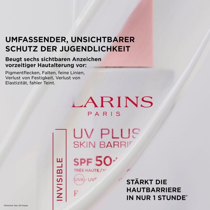 Halb verdecktes Clarins UV Plus Skin Barrier Fluid mit Herausstellung des unsichtbaren Schutzes der Jugendlichkeit und der St&auml;rkung der Hautbarriere innerhalb von einer Stunde.