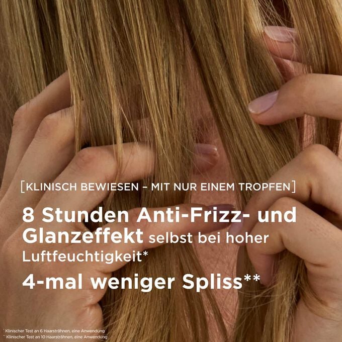 Eine Anti-Frizz-Haar&ouml;lpflege f&uuml;r achtst&uuml;ndigen Glanz und viermal weniger Spliss selbst bei hoher Luftfeuchtigkeit.