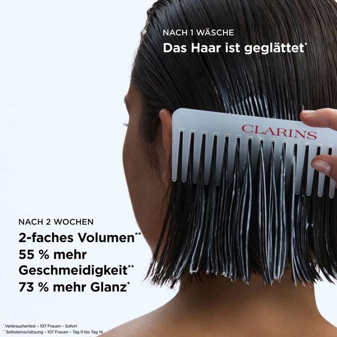 Wirkung des gl&auml;ttenden Conditioners auf das Haar: doppelt so viel Volumen und 73 Prozent mehr Glanz f&uuml;r leicht frisierbares Haar.