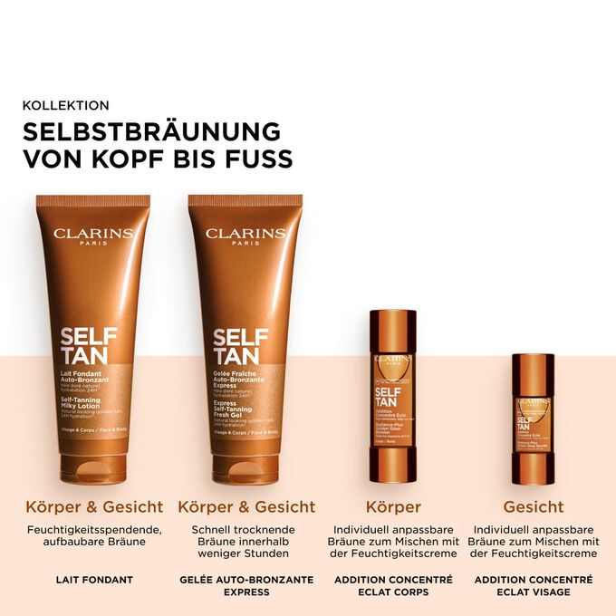 Packshot der Selbstbr&auml;unungsprodukte von Clarins, einschlie&szlig;lich Selbstbr&auml;unungsprodukten f&uuml;r Gesicht und K&ouml;rper, die f&uuml;r einen strahlenden, goldenen, sonnengek&uuml;ssten Glow sorgen.
