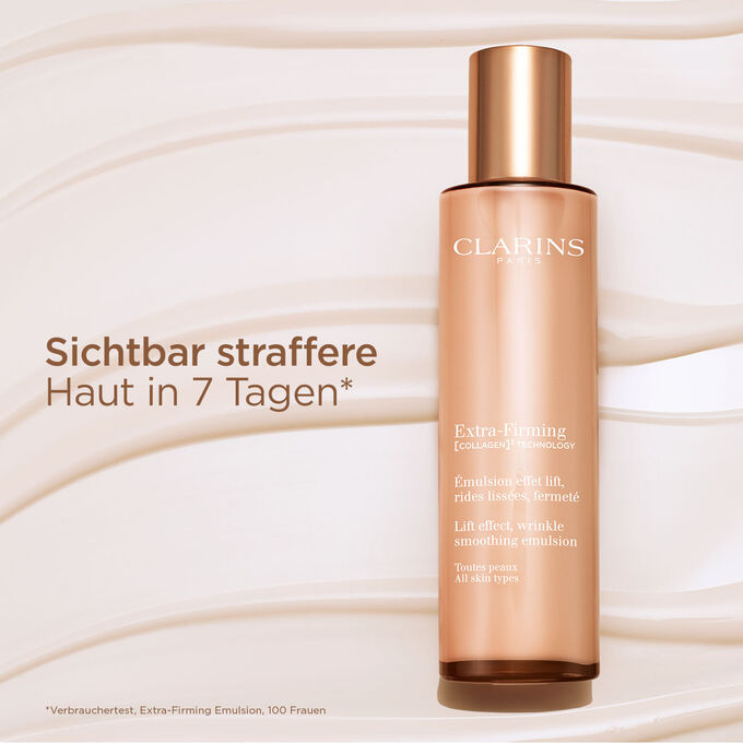 Flakon Extra-Firming Emulsion und Textinfo über Verbrauchertest mit Ergebnis: straffere Haut in 7 Tagen