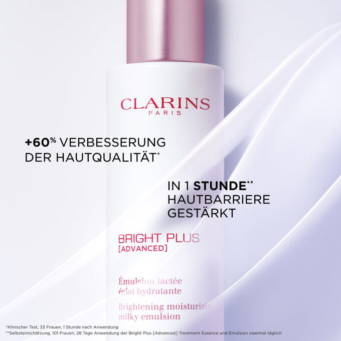 Fokus auf die Clarins Bright Plus Emulsion, die die Verbesserung der Hautqualit&auml;t und die Gest&auml;rkung der Hautbarriere sichtbar macht.