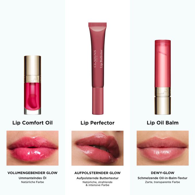 Komplettes Lippenpflege-Sortiment von Clarins inklusive Lip Oil Balm und Plumping Lip Perfector &ndash; f&uuml;r nat&uuml;rliche, strahlende und intensive Farb-Finishes