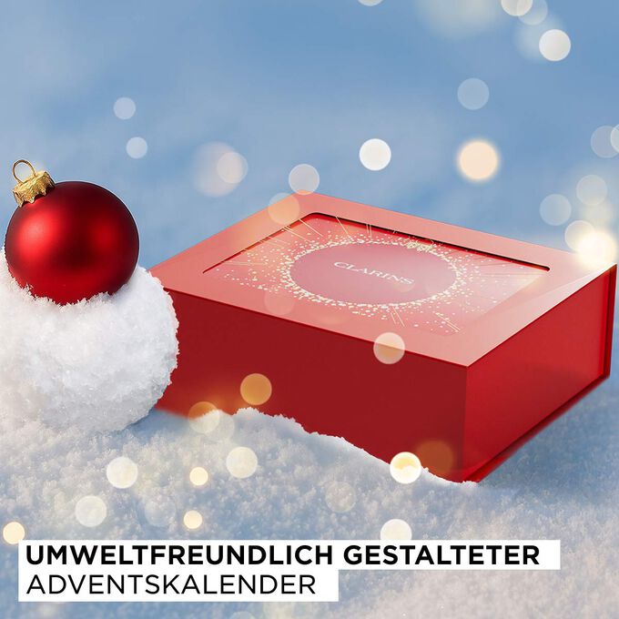 Clarins 24-Tage-Adventskalender mit umweltfreundlicher Verpackung, die auch nach den Feiertagen wiederverwendet werden kann.