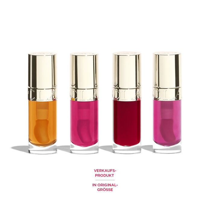 4 Clarins Lip Comfort Oils in Originalgröße in Orange, Fuchsia, Lila und Pink.