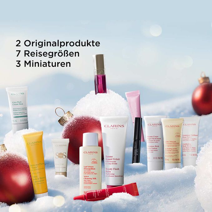 Adventskalender für 12 Tage mit 2 Produkten in Originalgröße, 7 Reisegrößen und 3 Minis der beliebtesten Clarins Produkte