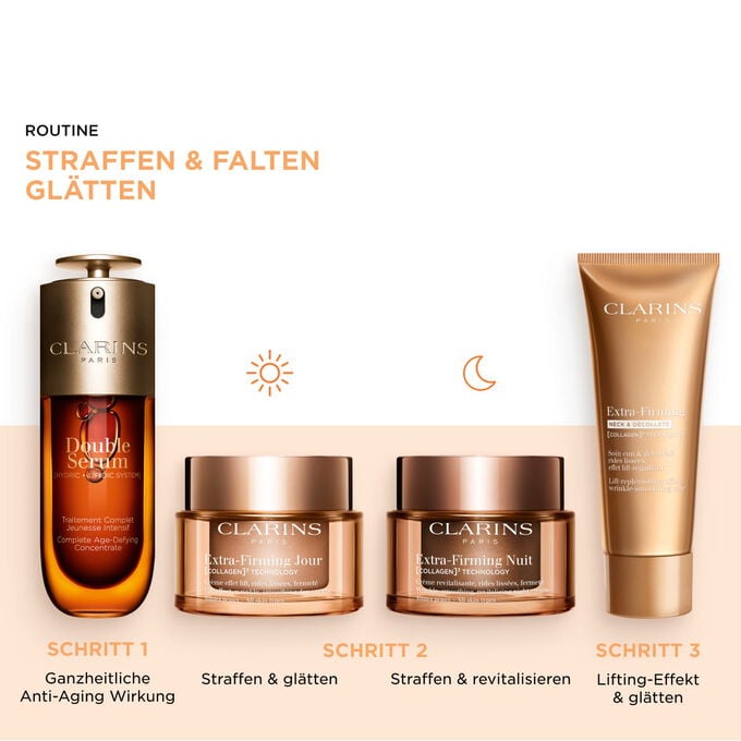 Anti-Aging-Pflege f&uuml;r Gesicht, Hals und Dekollet&eacute; &ndash; f&uuml;r Tag und Nacht: Serum und Anti-Falten-Creme f&uuml;r sichtbare Straffheit.