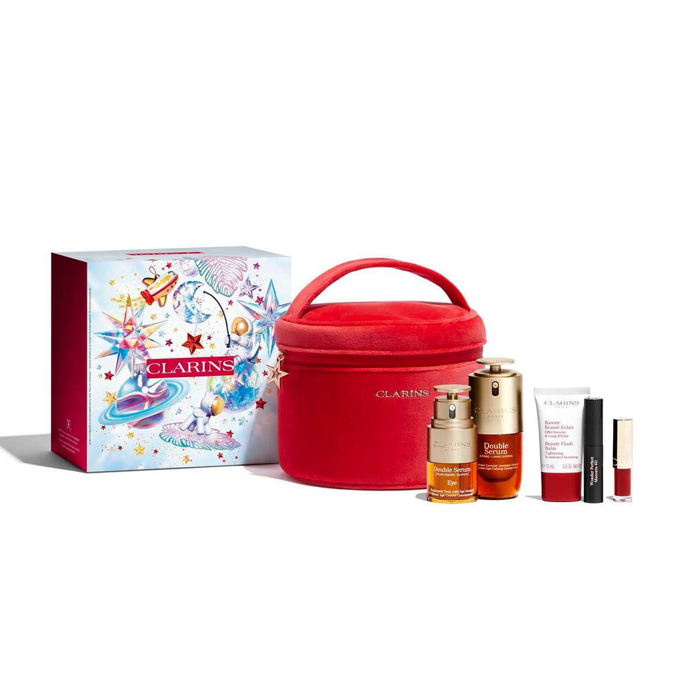 Clarins Double Serum Geschenkset: Enthält Gesichts- und Augenprodukte in einer Geschenkverpackung mit Kosmetiktasche.