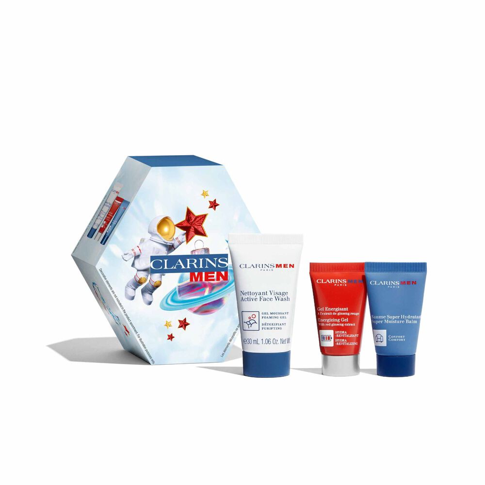 ClarinsMen Geschenkset, das eine Gesichtsreinigungsgel, einen Feuchtigkeitsbalsam und ein energiespendendes Gel enthält.