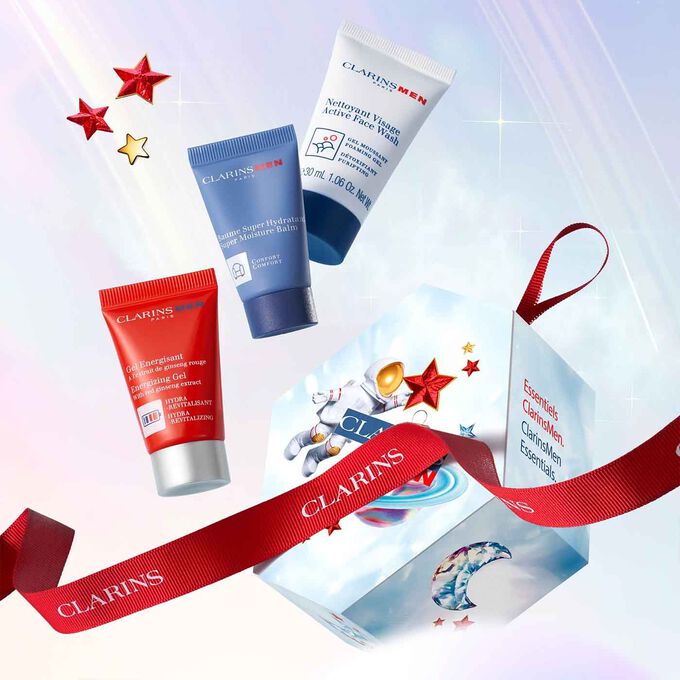 ClarinsMen Weihnachtset: Geschenkverpackung, Gesichtsreinigungsgel, energiespendendes Gel und Feuchtigkeits-Balsam