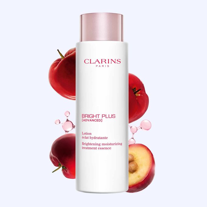 Packshot der Clarins Brightening Moisturizer Lotion vor Acerola- und Niacinamid-Molek&uuml;len, mit Hervorhebung der Schl&uuml;sselwirkstoffe.